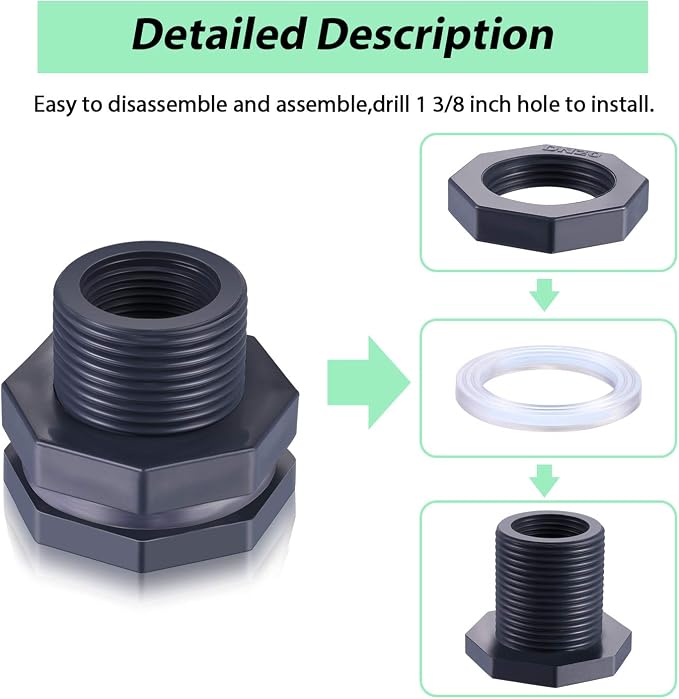 Outus 2 Pieces 3/4 Inch PVC Bulkhead Fitting, Rain Barrel Tank Adapter - Image 3
