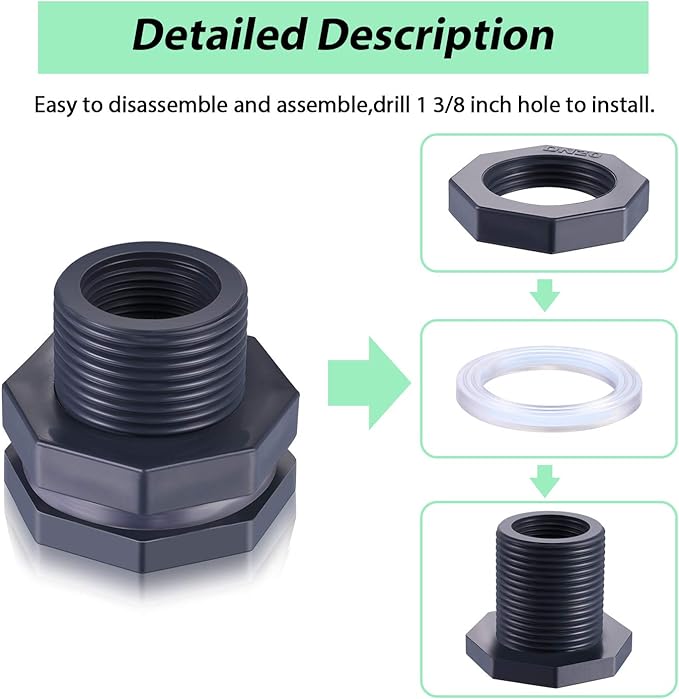 Outus 2 Pieces 3/4 Inch PVC Bulkhead Fitting, Rain Barrel Tank Adapter | - Image 3