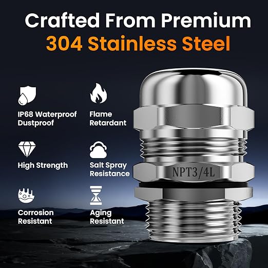 QILIPSU 4pcs 3/4" NPT 304 Stainless Steel Cable Gland Waterproof IP68 Metal - Image 2