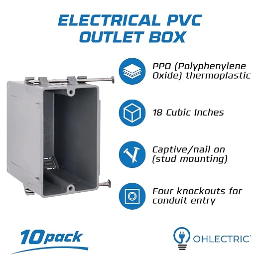 1-Gang New Work Outlet Box, 18 Cubic Inch Single Gang PVC Electrical Box - Image 2