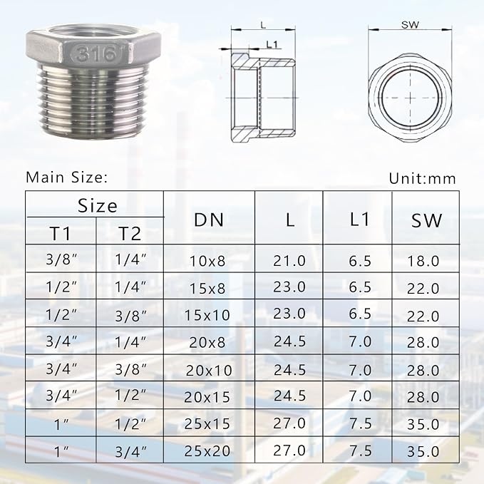316 Stainless Steel Hex Bushing Reducer, 3/4" NPT Male to 1/4" NPT Female Pipe - Image 6
