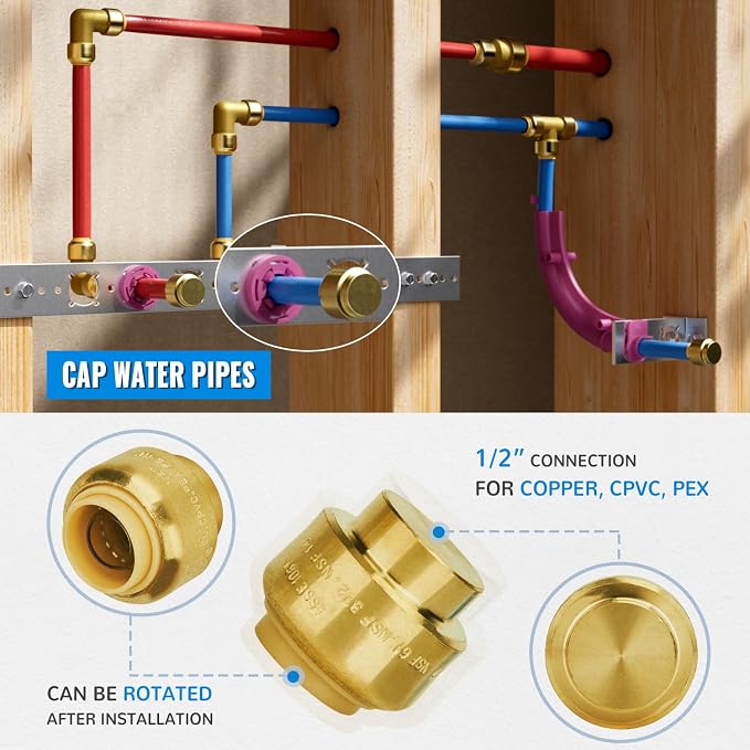 6-Pack Push Fit End Cap, 1/2-Inch Push-to-Connect Brass Fittings | Plumbing - Image 3