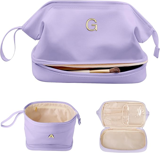 Gifts for Her: Initial Large Makeup Bags, Personalized Double Layer Cosmetic by Vogewood