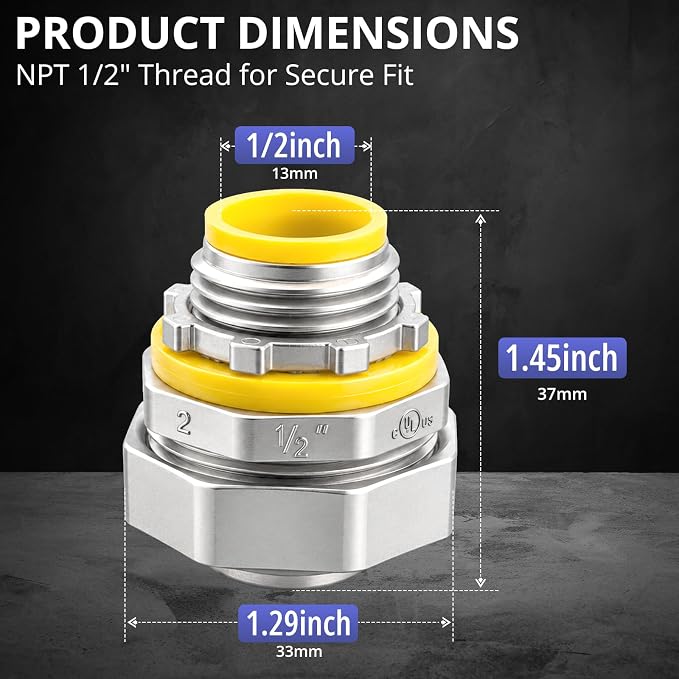 5-Piece 1/2 Inch Liquid Tight Connector Straight UL listed | Die-cast zinc - Image 2
