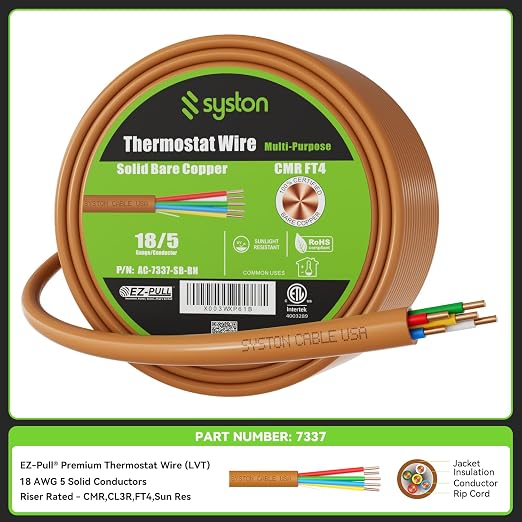 Syston 18/5 Thermostat Doorbell HVAC Heating Control Cable Wire, 100% Solid - Image 2