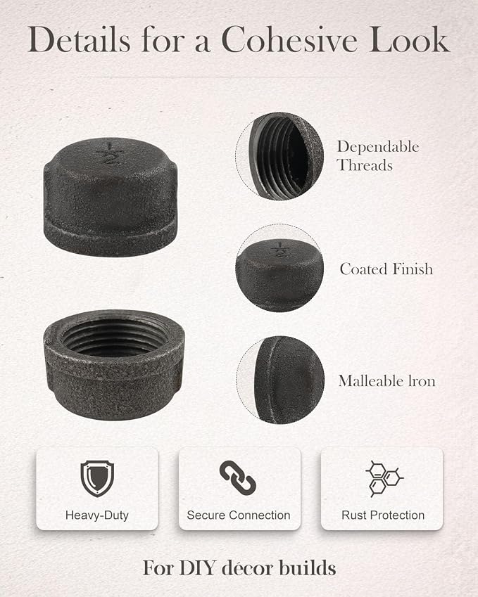10 Pack 1/2" Malleable Cast Iron Pipe Cap, DIY furniture shelf decor, fits - Image 5
