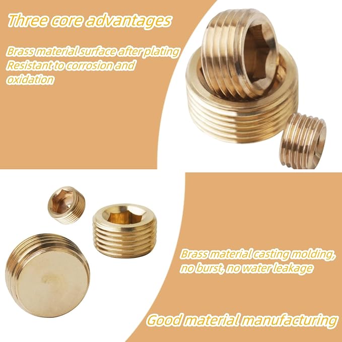 20PCS 1/4" NPT Brass Male Pipe Plug Fitting Hex Counter Sunk Pipe Plug - Image 3