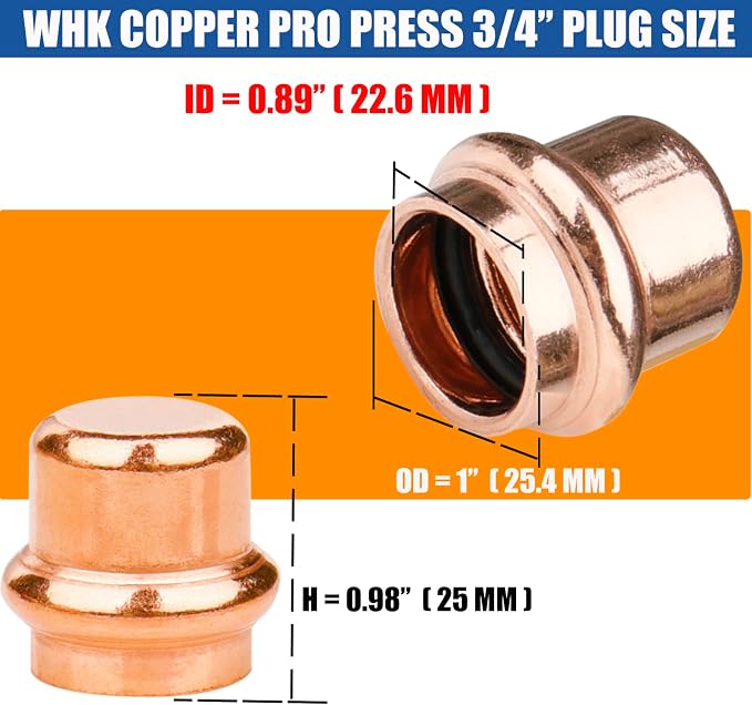 WHK 8 Pack 3/4 Inch Press Pro Copper End Cap Pro Press 3/4" Cooper End Plug - Image 2