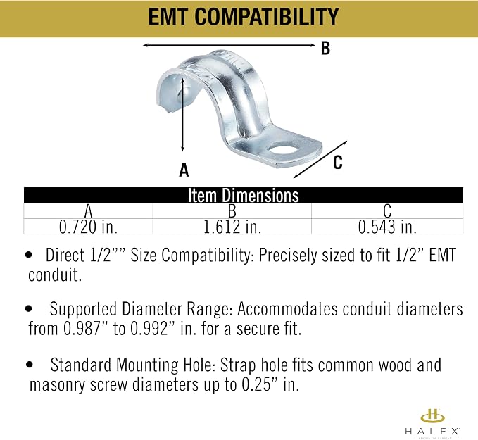 Halex 1/2 in. EMT Conduit Strap Clamp, One Hole, Galvanized Steel, Electrical - Image 2