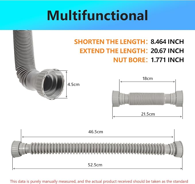 Sink Drain Pipe Kit, 1 Pack Flexible Drain Pipe P Trap, 8.46"-20.67" Flexible P - Image 2