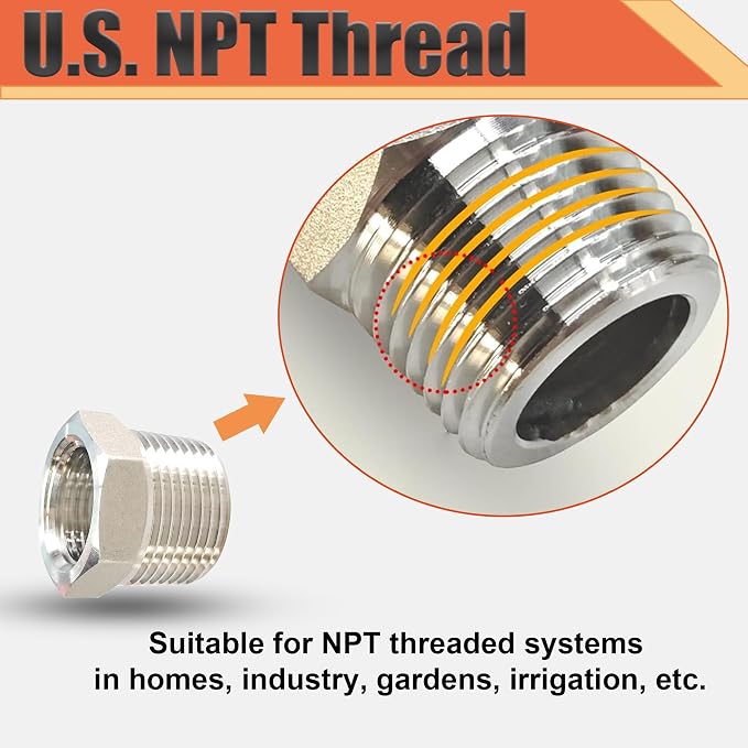 1/2" NPT Male to 1/4" NPT Female Reducer Bushing, 304 Stainless Steel Pipe Hex - Image 3