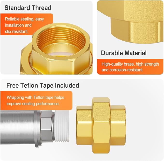 GASHER 2PCS 1/2" FNPT Brass Union Pipe Fitting | 1/2 Inch Female x 1/2 Inch - Image 4