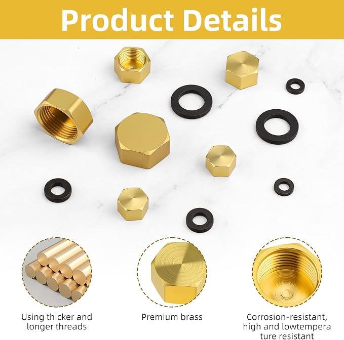 6 PCS Brass Pipe Caps with Rubber Gaskets - Image 3