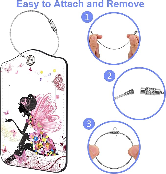 Set of 2 Luggage Tags for Suitcase Flower Fairy and Butterflies Leather Baggage - Image 4