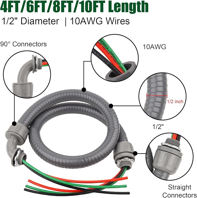 8FT Liquid-Tight Conduit Kit, 1/2" Pre-Wired Electrical Whip - Image 4