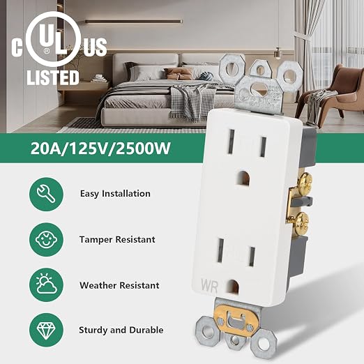 Wengart 15A Decorator Outlet, 15 Amp 125V Duplex Receptacle, Weather Resistant - Image 2