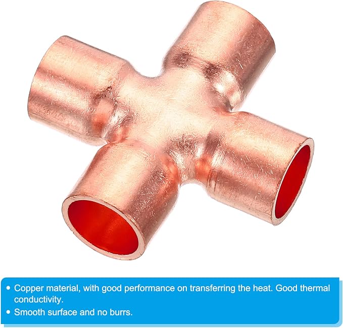 PATIKIL Copper Union Cross Pipe Fitting 1/2" ID 4 Way Welding Copper 2Pcs | End - Image 4