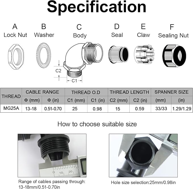 M25 Cable Gland, 90 Degree Adjustable 13-18mm Strain Relief, Cord Connectors - Image 2