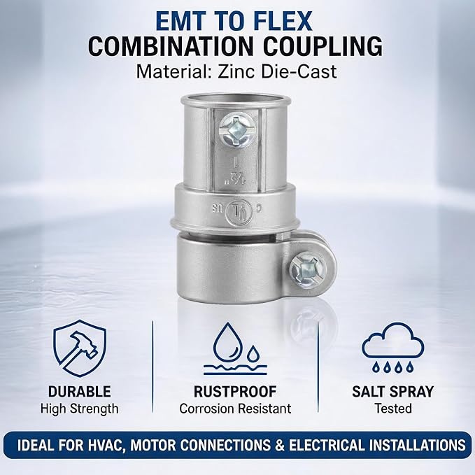 1/2" Squeeze EMT to Flex Coupling, cULus Listed, 20 Pack | Zinc die-cast - Image 6