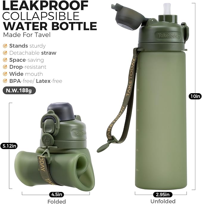 TakeToday Collapsible Water Bottles 20oz, Leak Proof, Foldable Silicone Travel - Image 2