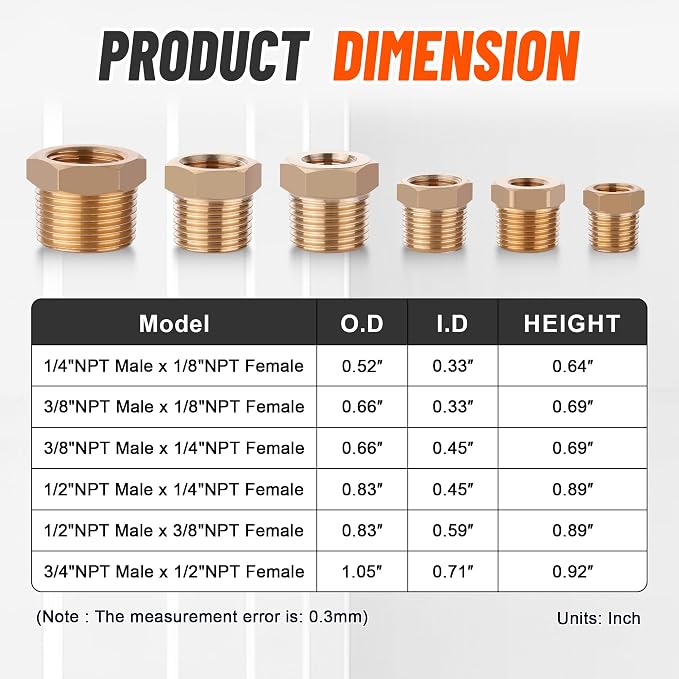 18PCS Brass Hex Reducer Bushing Fitting Kit, NPT Thread | 1/4" - Image 5