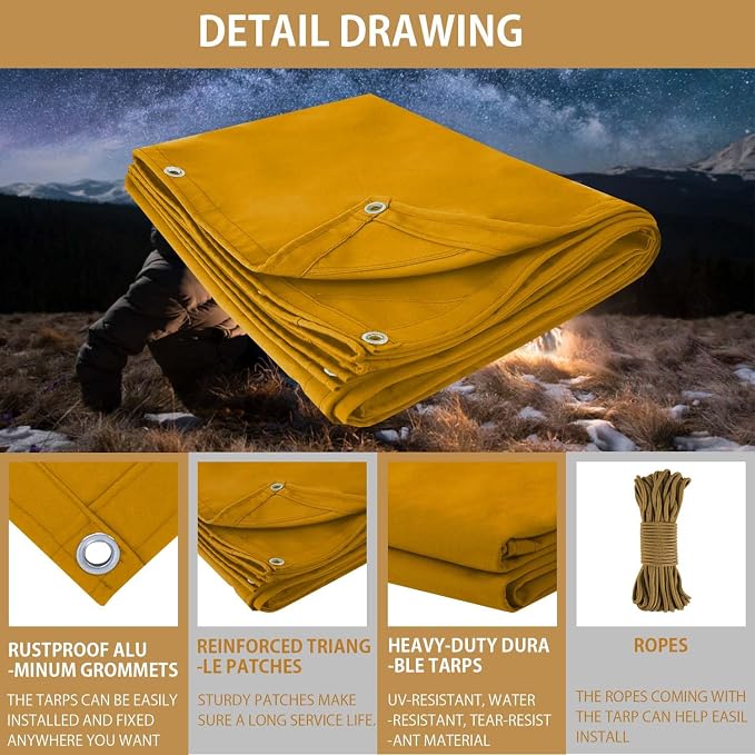 FoundGo 12x24ft Canvas Tarp 22 Mil Tarps 14 oz Canvas Tarpaulin Heavy Duty - Image 6