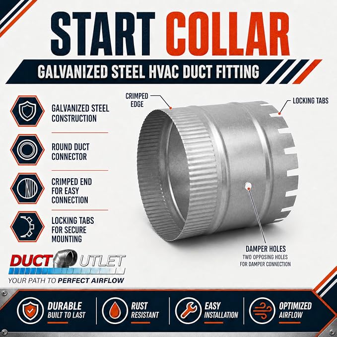 20" Start Collar HVAC, 24 Gauge Galvanized Steel Round Duct Connector - Image 2