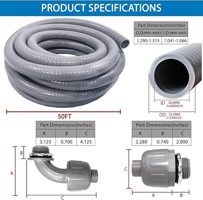 1inch 50ft Electrical Conduit Kit, Liquid-Tight Conduit and Connector | Flex - Image 7