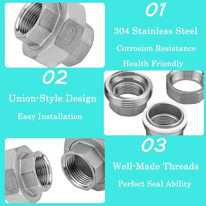 2Pcs 304 Stainless Steel Pipe Union Fitting, 1/2" NPT Female, Cast Full Port - Image 5