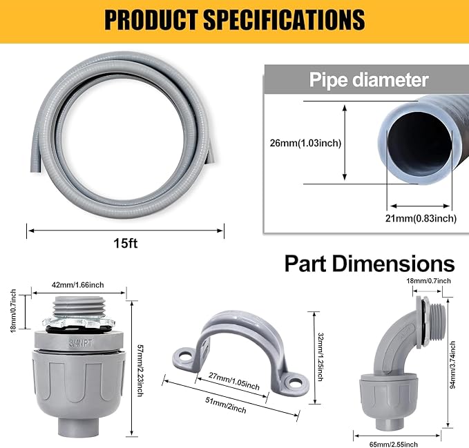 3/4 inch 15 Foot Liquid-Tight Conduit Kit, Flexible Non Metallic Electrical - Image 2