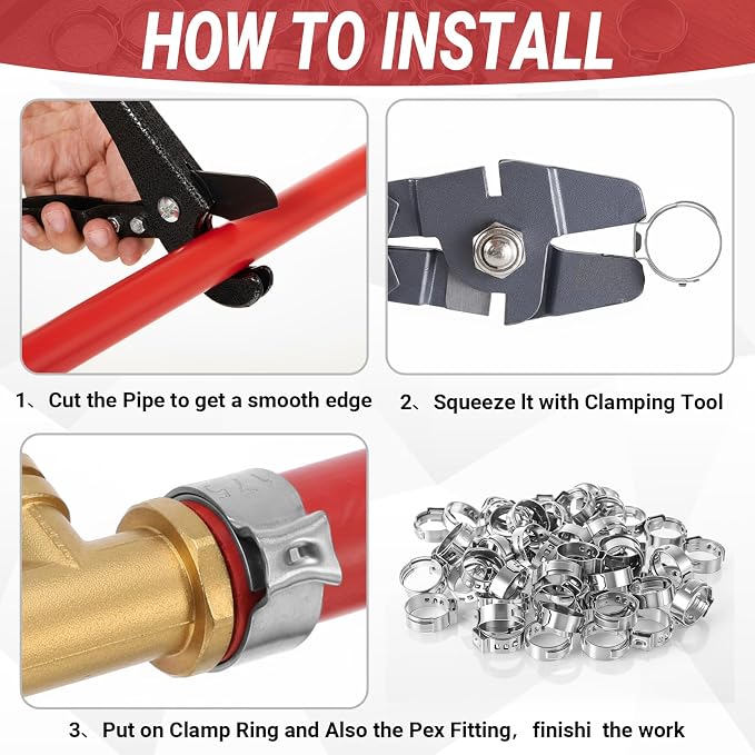200 Pcs 1/2 Inch PEX Cinch Clamps, 304 Stainless Steel Crimp Rings Single Ear - Image 4