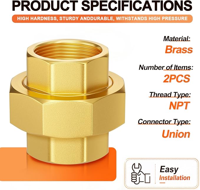 GASHER 2PCS 3/4" FNPT Brass Union Pipe Fitting | 3/4 Inch Female x 3/4 Inch - Image 2