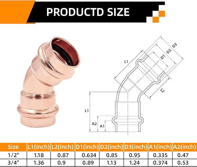 1/2" 45° Copper Press Fittings Elbow - Image 2