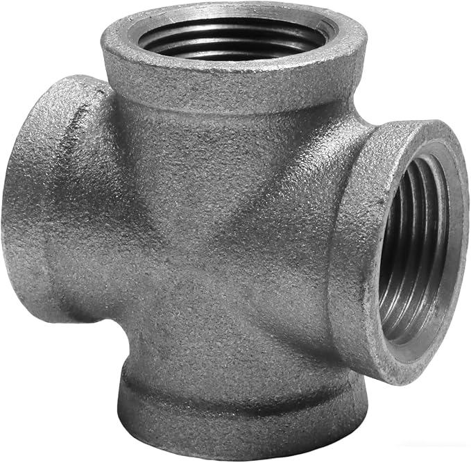 Black Cast Iron Cross Fitting 1/2" Female Thread, 4 Way Industrial Pipe by SNGSPKPipeFittings