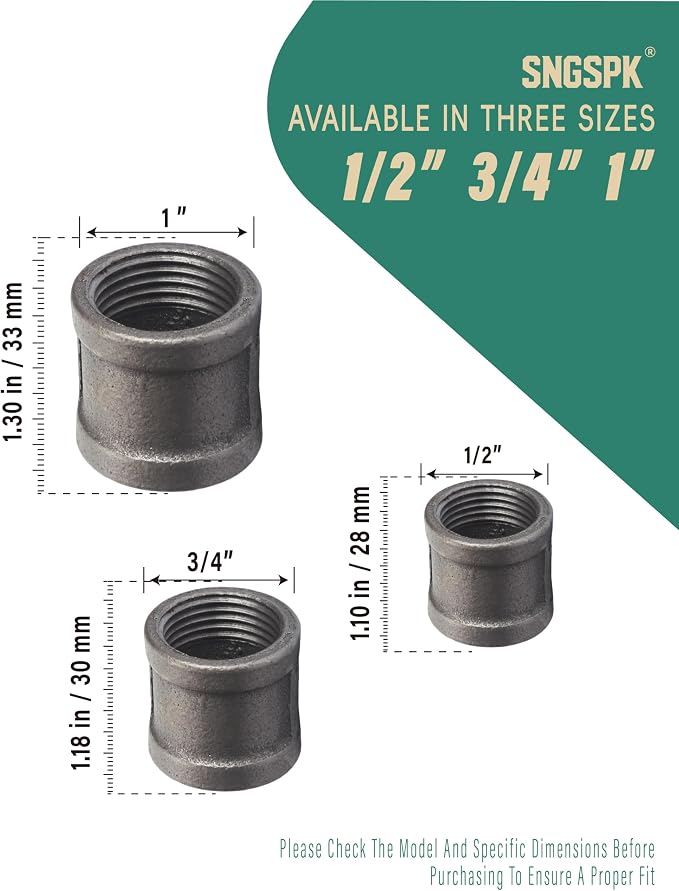 Black Cast Iron Pipe Coupling Fittings, 3/4 Inch Female Thread Connectors - Image 3