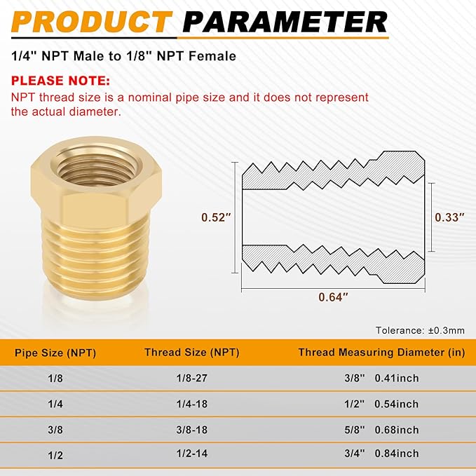KOOTANS 4pcs Heavy Duty 1/4 NPT Male Thread to 1/8 NPT Female Thread Brass - Image 2