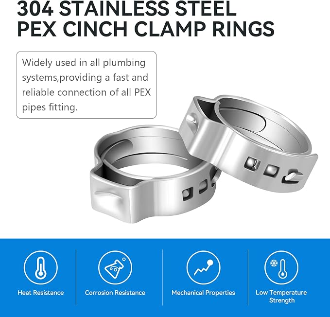 100 Pack GUOFIS 3/4 Inch Pex Cinch Clamp Rings, Premium 304 Stainless Steel | - Image 3