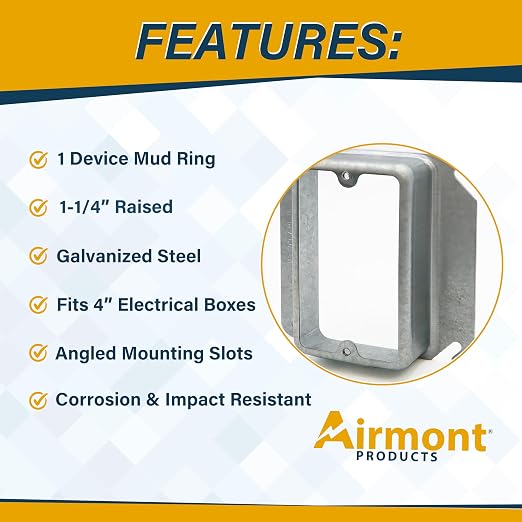 Airmont Products 1-1/4" Raised Mud Rings, Square Device Cover, 1-Gang Outlet - Image 5