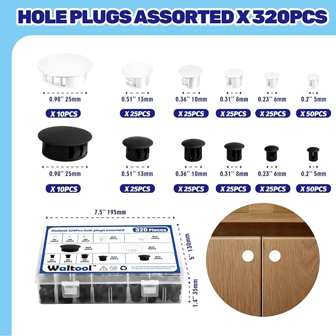 320Pcs 6 Sizes Nylon Hole Plugs Assorted Set, 1/5" 1/4" 5/16" 3/8" 1/2" 1" - Image 2