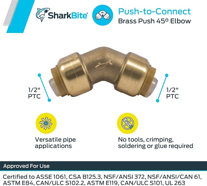SharkBite 1/2 Inch 45 Degree Elbow, Push to Connect Brass Plumbing Fitting - Image 3