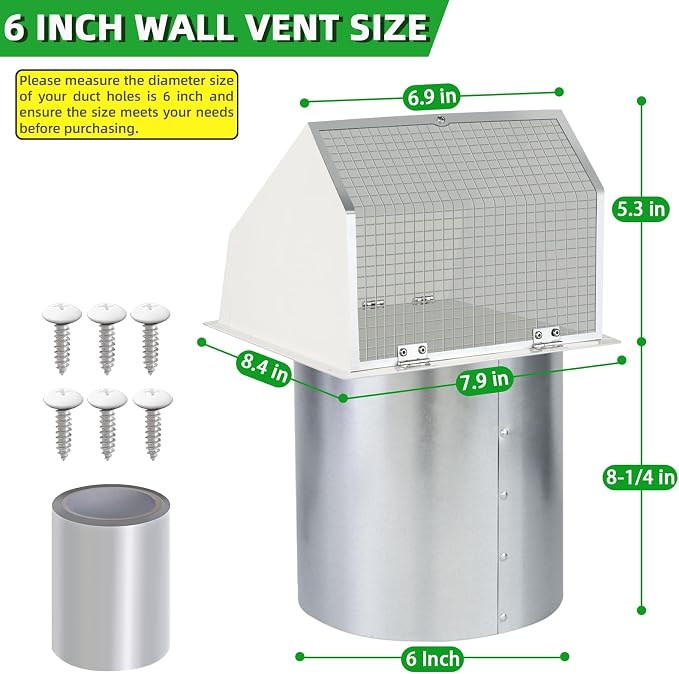 6 Inch Hooded Wall Vent with Screen and Damper, Dryer Vent Cover Outside - Image 2