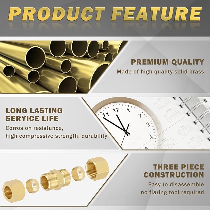 1/8" OD x 1/8" OD Brass Compression Union Fitting, 10 Pack Straight Tube - Image 3