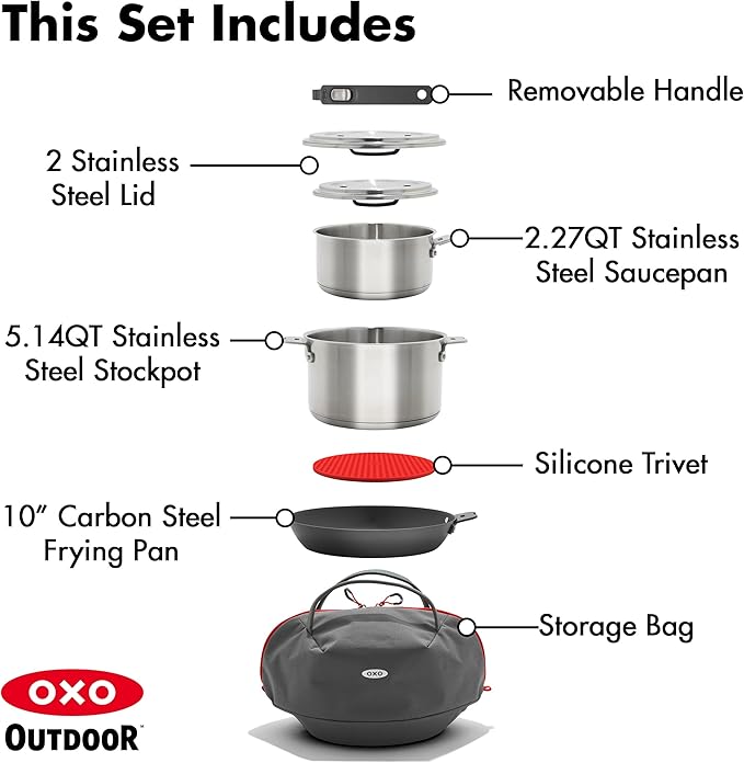 OXO Outdoor 8 Piece Camping Cookware Set, 2.25QT and 5QT Stainless Steel - Image 3