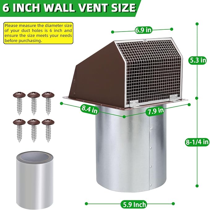6 Inch Hooded Wall Vent with Screen and Damper, Dryer Vent Cover Outside - Image 2