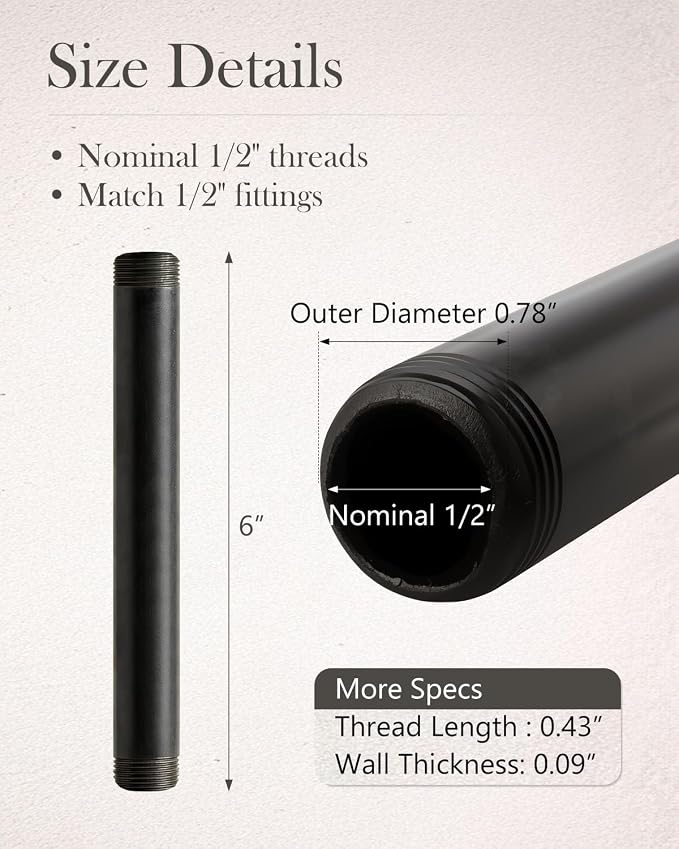 10 Pack 1/2 x 6 Inches Black Pipe Malleable Steel Nipples Fitting | DIY - Image 3