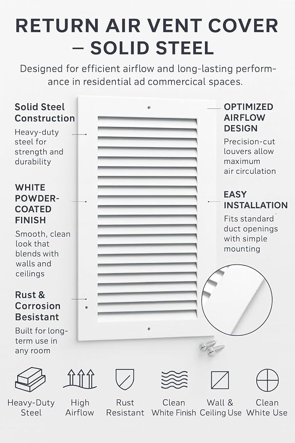 10 x 14 Inch Return Air Vent Cover, Solid Steel HVAC Grille - Image 3