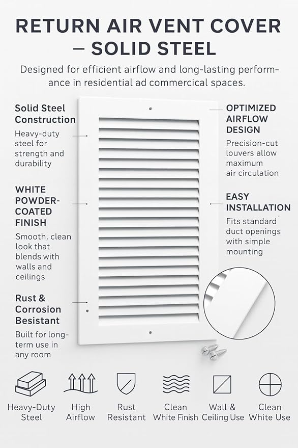 12 x 14 Inch Return Air Vent Cover, Solid Steel HVAC Grille - Image 3