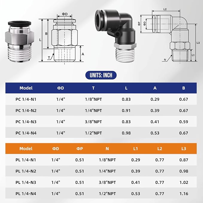 3/8 Push to Connect Fittings npt Thread to 1/4 Air Line quick | Pneumatic - Image 2