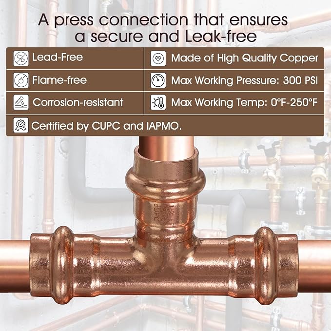Copper Press Fittings Tee 1/2 Inch Copper Press Tee Coupling 6PK, Zero Lead | - Image 3