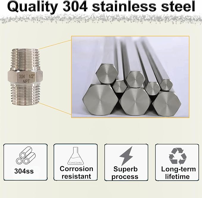 1" Male Hex Nipple Pipe Fittings, 304 Stainless Steel 1 inch NPT Threaded Pipe - Image 3
